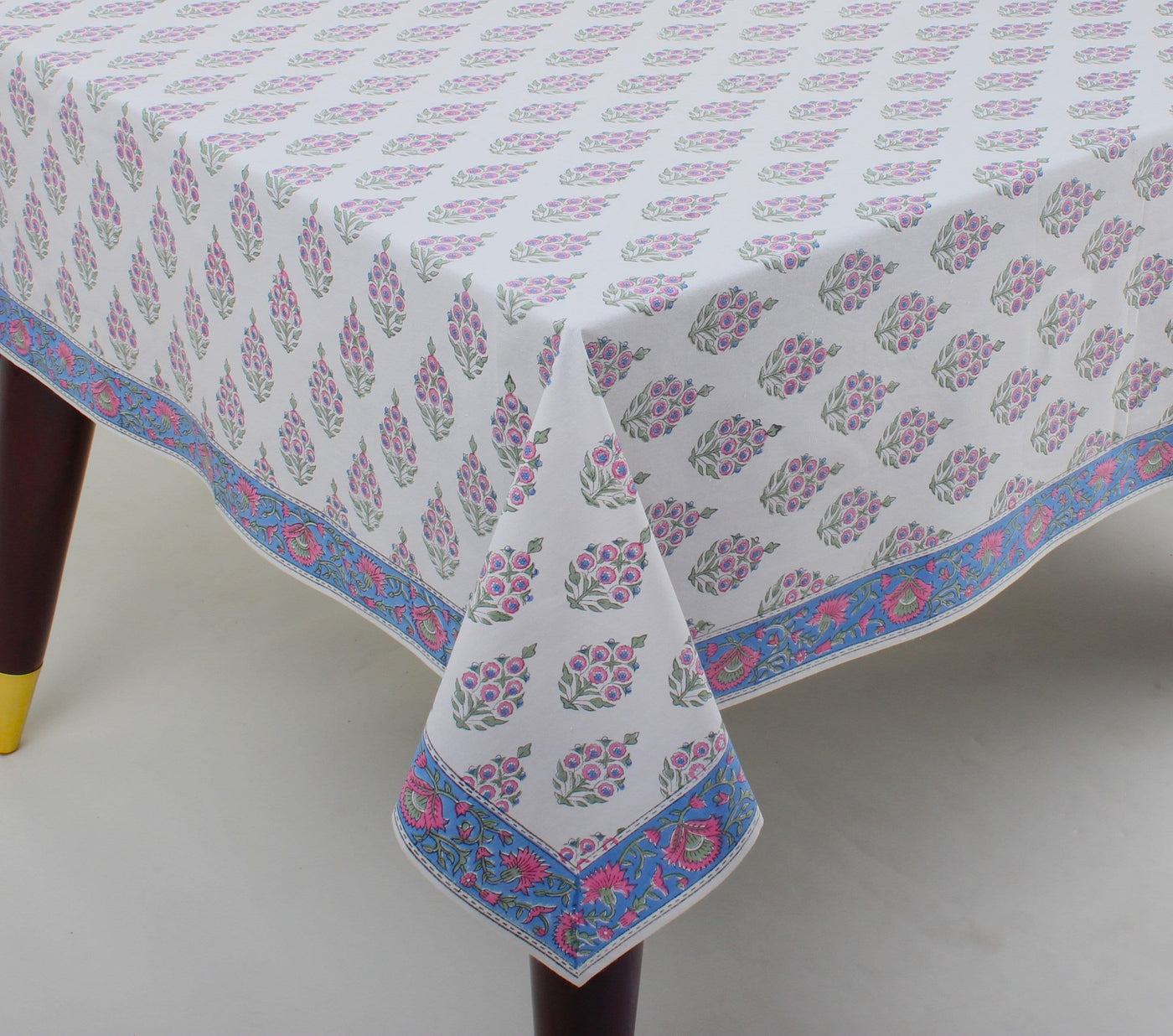 Fabricrush Ruddy Blue, Pink and Green Indian Hand Block Floral Printed Cotton Cloth Table Cover, Table Top, French Tablecloth, Wedding Home Outdoor Bar