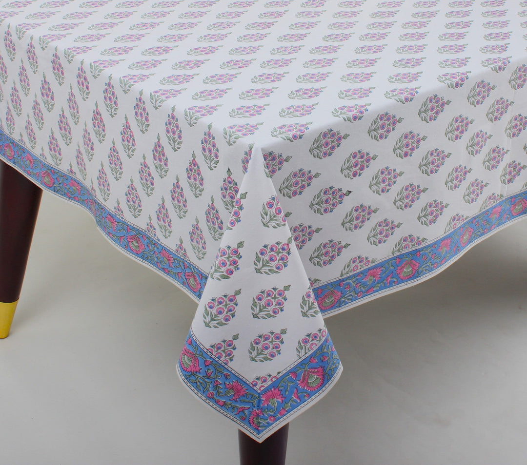 Fabricrush Ruddy Blue, Pink and Green Indian Hand Block Floral Printed Cotton Cloth Table Cover, Table Top, French Tablecloth, Wedding Home Outdoor Bar, Gift for her, gifts