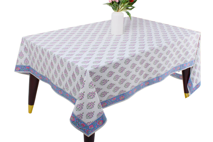 Fabricrush Ruddy Blue, Pink and Green Indian Hand Block Floral Printed Cotton Cloth Table Cover, Table Top, French Tablecloth, Wedding Home Outdoor Bar, Gift for her, gifts