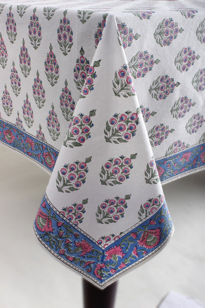 Fabricrush Ruddy Blue, Pink and Green Indian Hand Block Floral Printed Cotton Cloth Table Cover, Table Top, French Tablecloth, Wedding Home Outdoor Bar