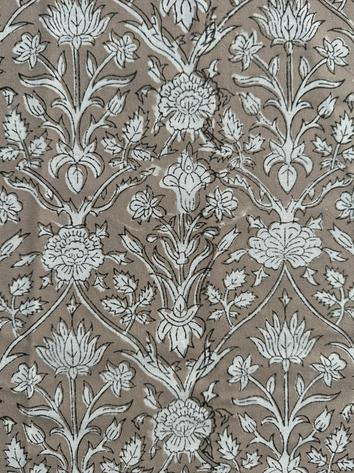 Taupe Indian Floral Hand-Block Printed Cotton Round Tablecloth