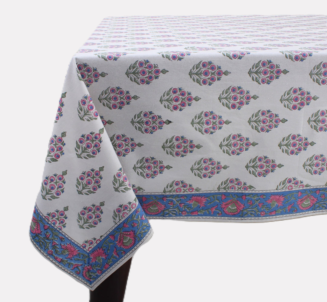 Fabricrush Ruddy Blue, Pink and Green Indian Hand Block Floral Printed Cotton Cloth Table Cover, Table Top, French Tablecloth, Wedding Home Outdoor Bar, Gift for her, gifts