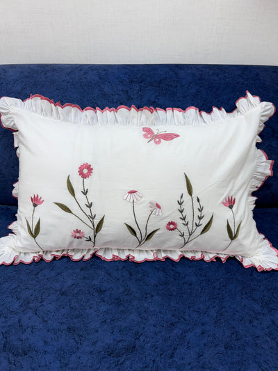 Fabricrush Pillow Cover, Pillow Case, Decorative Cushion Cover, Throw Pillows, Embroidered White Pillow Cover with Ruffles for Sofa Couch Bed Chair