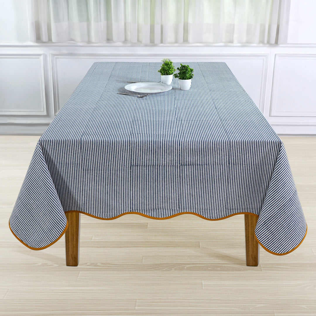 Blue Stripes with Yellow Piping Indian Hand Block Printed Cotton Tablecloth