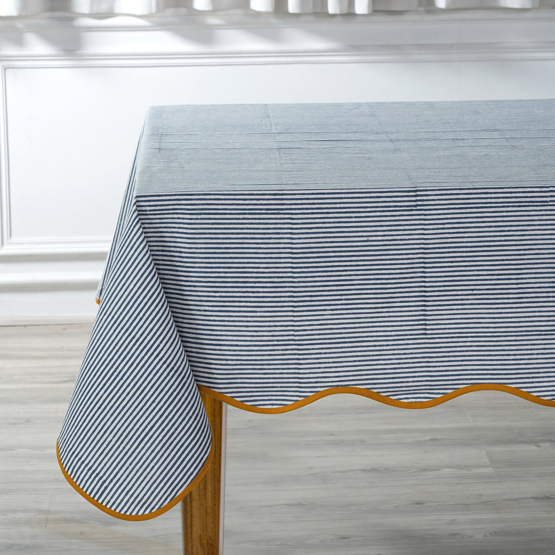 Blue Stripes with Yellow Piping Indian Hand Block Printed Cotton Tablecloth