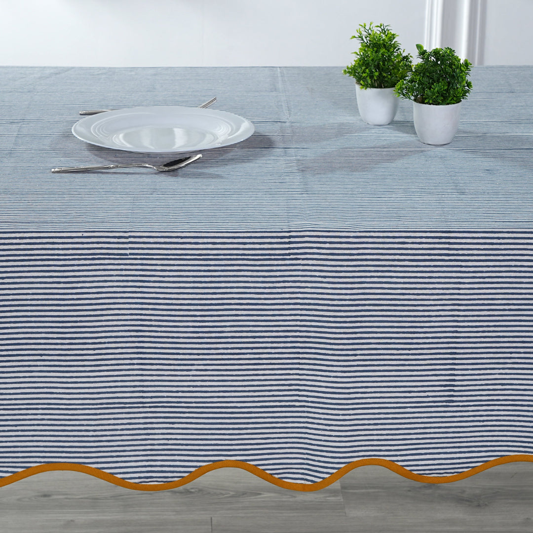 Blue Stripes with Yellow Piping Indian Hand Block Printed Cotton Tablecloth