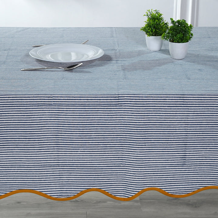 Blue Stripes with Yellow Piping Indian Hand Block Printed Cotton Tablecloth