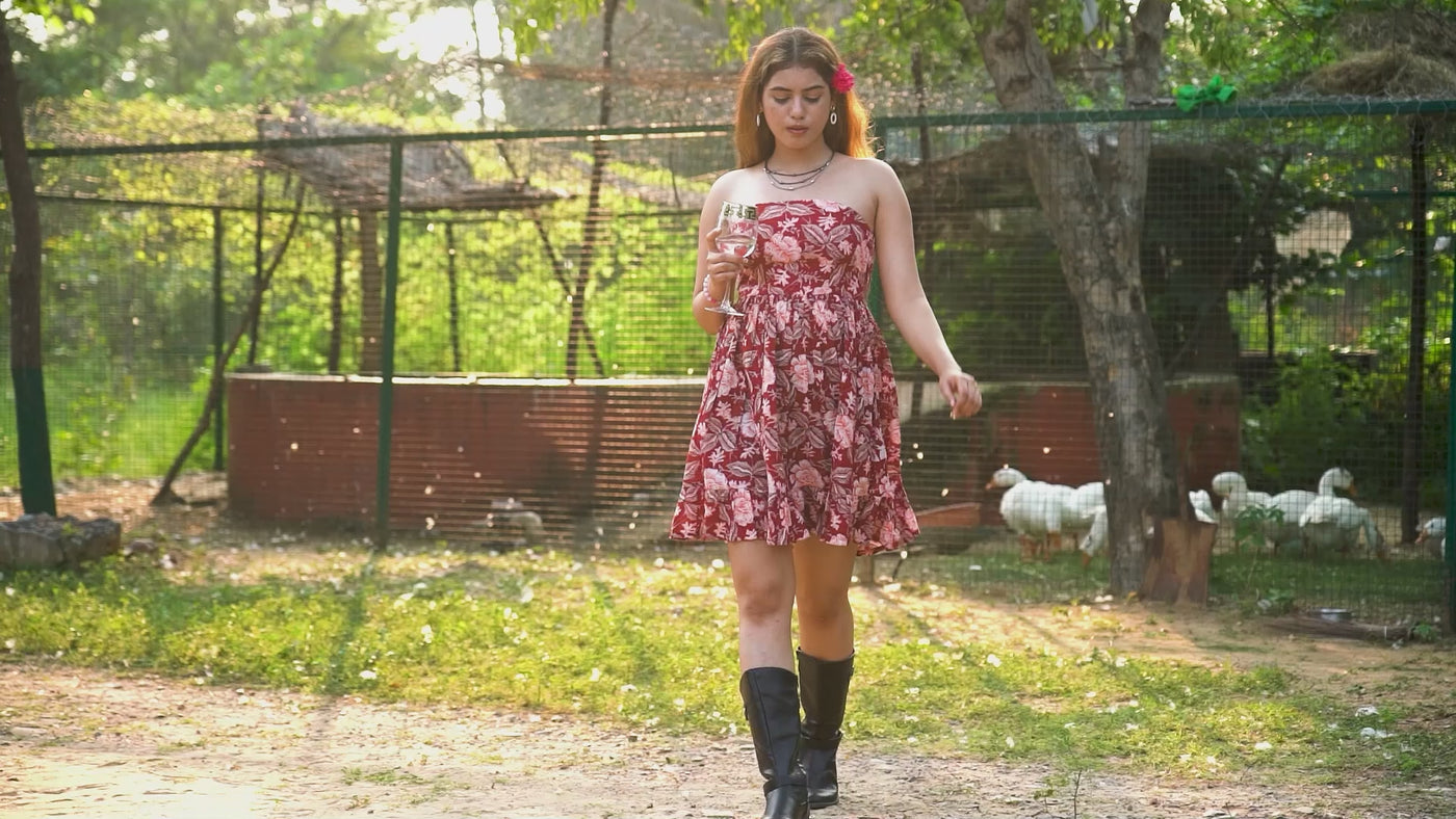 Fabricrush Red Floral Christmas Dress, Indian Hand Printed Cotton Summer Dress, Party Wear, Comfort Wear, Midi Dress, Women's Dress, Off-Shoulder Dress, Gift for her, gifts, Halloween, Christmas, Thanksgiving