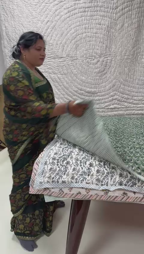 Indian Floral Hand Block Printed Quilted Throw Blanket 100% Pure Cotton Quilt