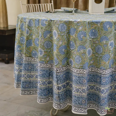 Fabricrush Asparagus Green, Air Force Blue Round Tablecloth, Indian Hand Block Floral Printed Cotton Table Cover