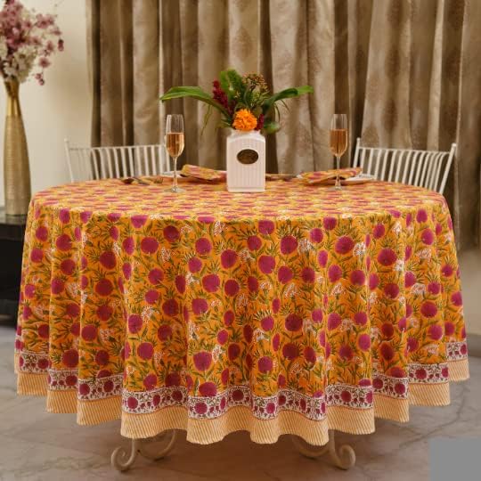 Fabricrush Tangerine Orange and Bubblegum Pink Cotton Tablecloth Kitchen Dining Dinner Tabletop Decor Picnic Events Weddings Buffet Parties Block Print Spring Round Tablecloths (8 Seater 110 INCH Round)