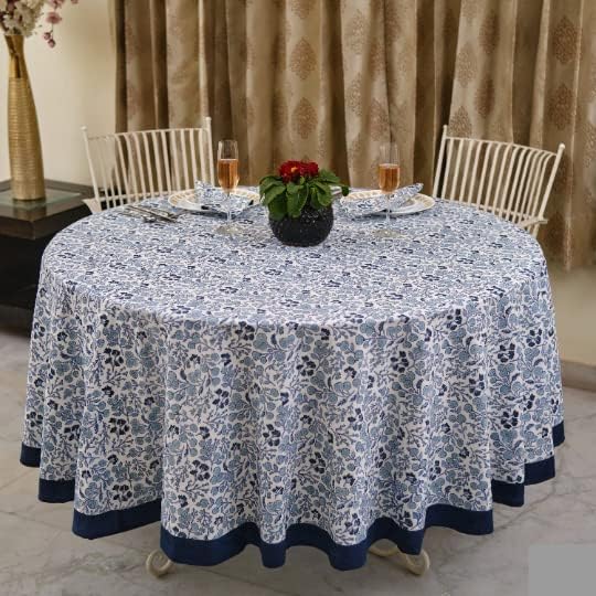 Fabricrush Denim Blue 60 Inches Round 100% Cotton Hand Block Print Tablecloth Washable Halloween Thanksgiving/Christmas Parties/Wedding Use,Fall décor Farmhouse Dining Dinner Tablecloth