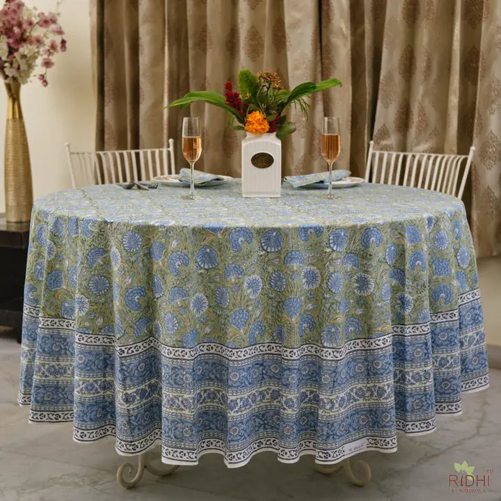 Blue and White Hand Block Floral Cotton Round Tablecloth Available in Multiple sizes. Ideal for Home Décor, Wedding, Birthday, Anniversary, House Warming Farmhouse, Mother and Daughter, Valentine's day,  Easter, Spring