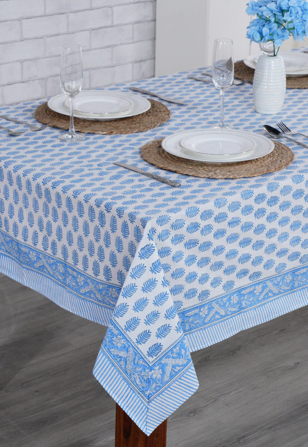 Fabricrush Cerulean Blue and White Handmade Indian Block Print Summer Tablecloth, Housewarming Gift, DInner, Outdoor, Indoor, Table cover, Gift for her, gifts, Valentine's day, Spring, Easter