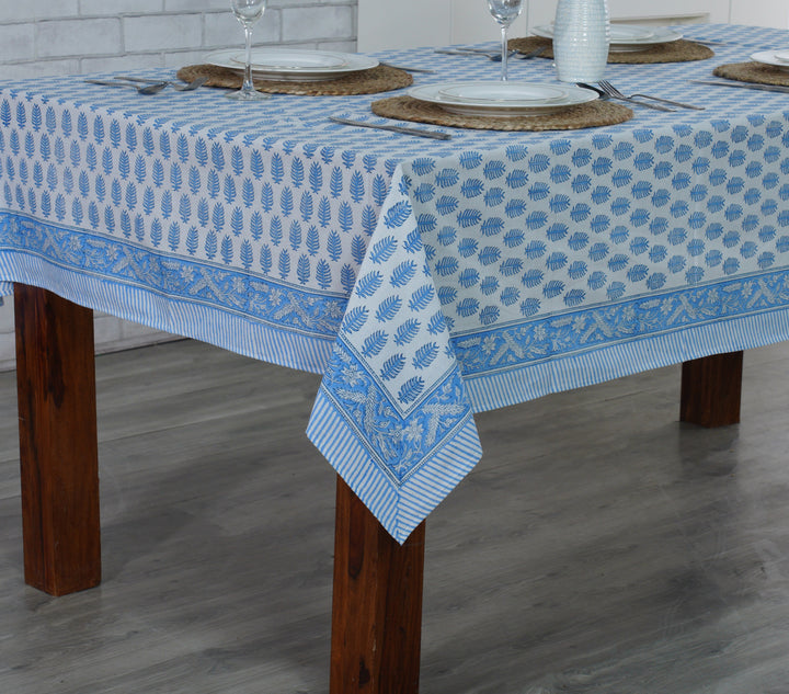 Fabricrush Cerulean Blue and White Handmade Indian Block Print Summer Tablecloth, Housewarming Gift, DInner, Outdoor, Indoor, Table cover, Gift for her, gifts, Valentine's day, Spring, Easter