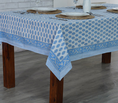 Fabricrush Cerulean Blue and White Handmade Indian Block Print Easter Thanksgiving Tablecloth