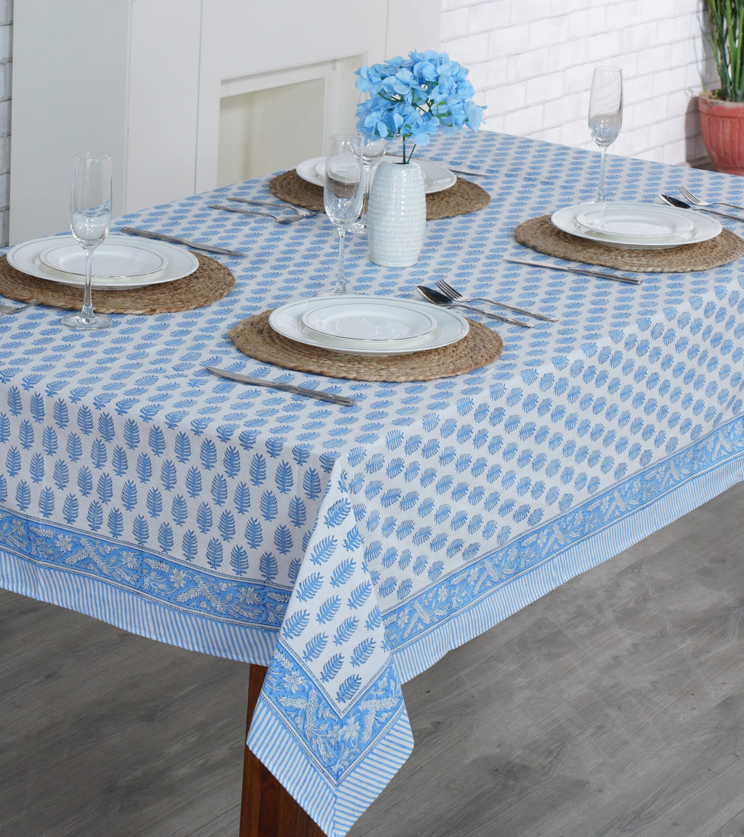 Fabricrush Cerulean Blue and White Handmade Indian Block Print Summer Tablecloth, Housewarming Gift, DInner, Outdoor, Indoor, Table cover, Gift for her, gifts, Valentine's day, Spring, Easter