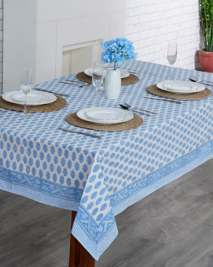 Fabricrush Cerulean Blue and White Handmade Indian Block Print Summer Tablecloth, Housewarming Gift, DInner, Outdoor, Indoor, Table cover, Gift for her, gifts, Valentine's day, Spring, Easter