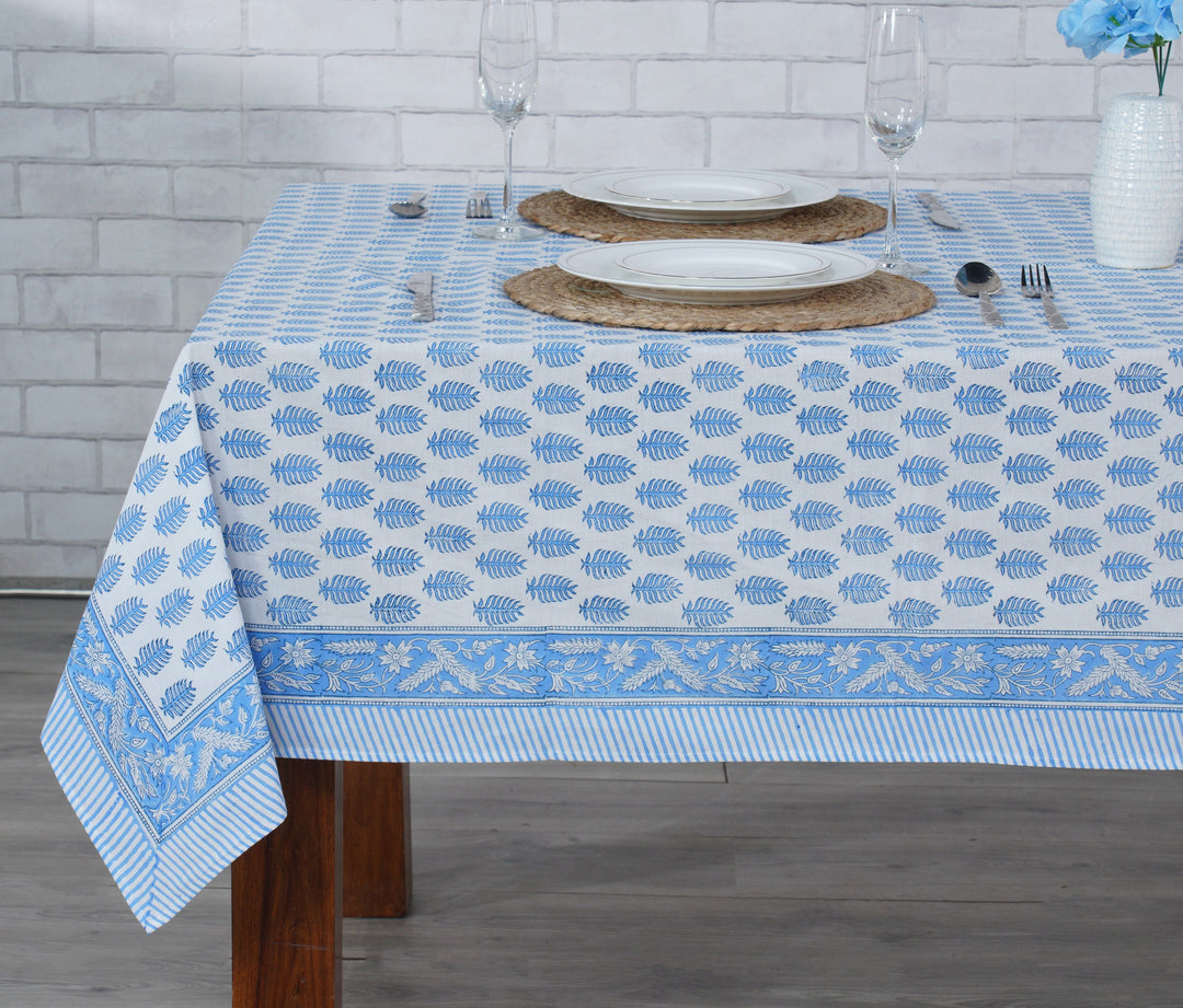 Fabricrush Cerulean Blue and White Handmade Indian Block Print Summer Tablecloth, Housewarming Gift, DInner, Outdoor, Indoor, Table cover, Gift for her, gifts, Valentine's day, Spring, Easter