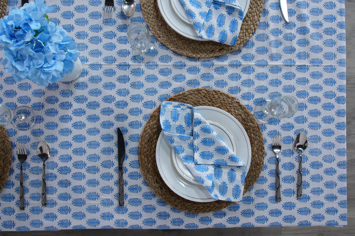 Fabricrush Cerulean Blue and White Handmade Indian Block Print Summer Tablecloth, Housewarming Gift, DInner, Outdoor, Indoor, Table cover, Gift for her, gifts, Valentine's day, Spring, Easter