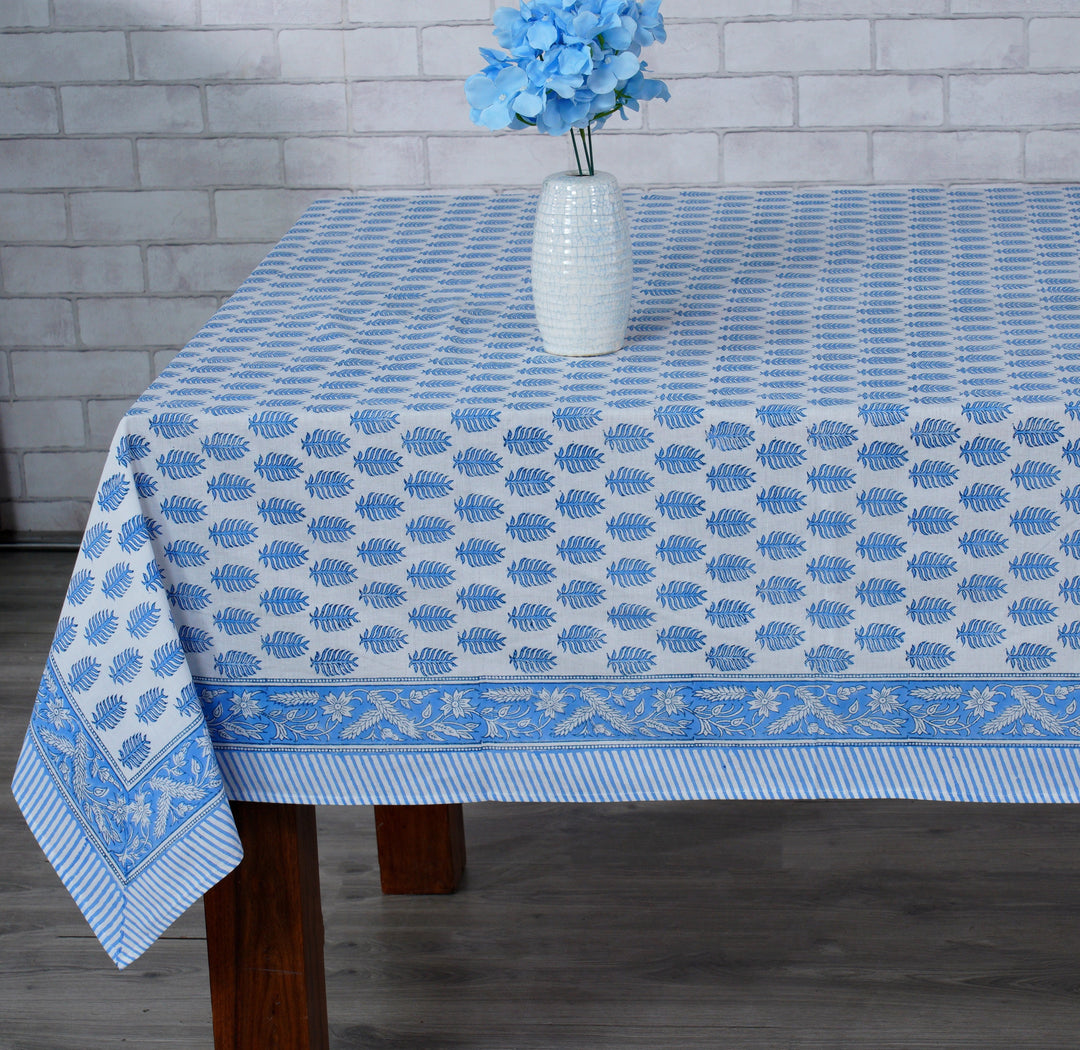 Fabricrush Cerulean Blue and White Handmade Indian Block Print Summer Tablecloth, Housewarming Gift, DInner, Outdoor, Indoor, Table cover, Gift for her, gifts, Valentine's day, Spring, Easter