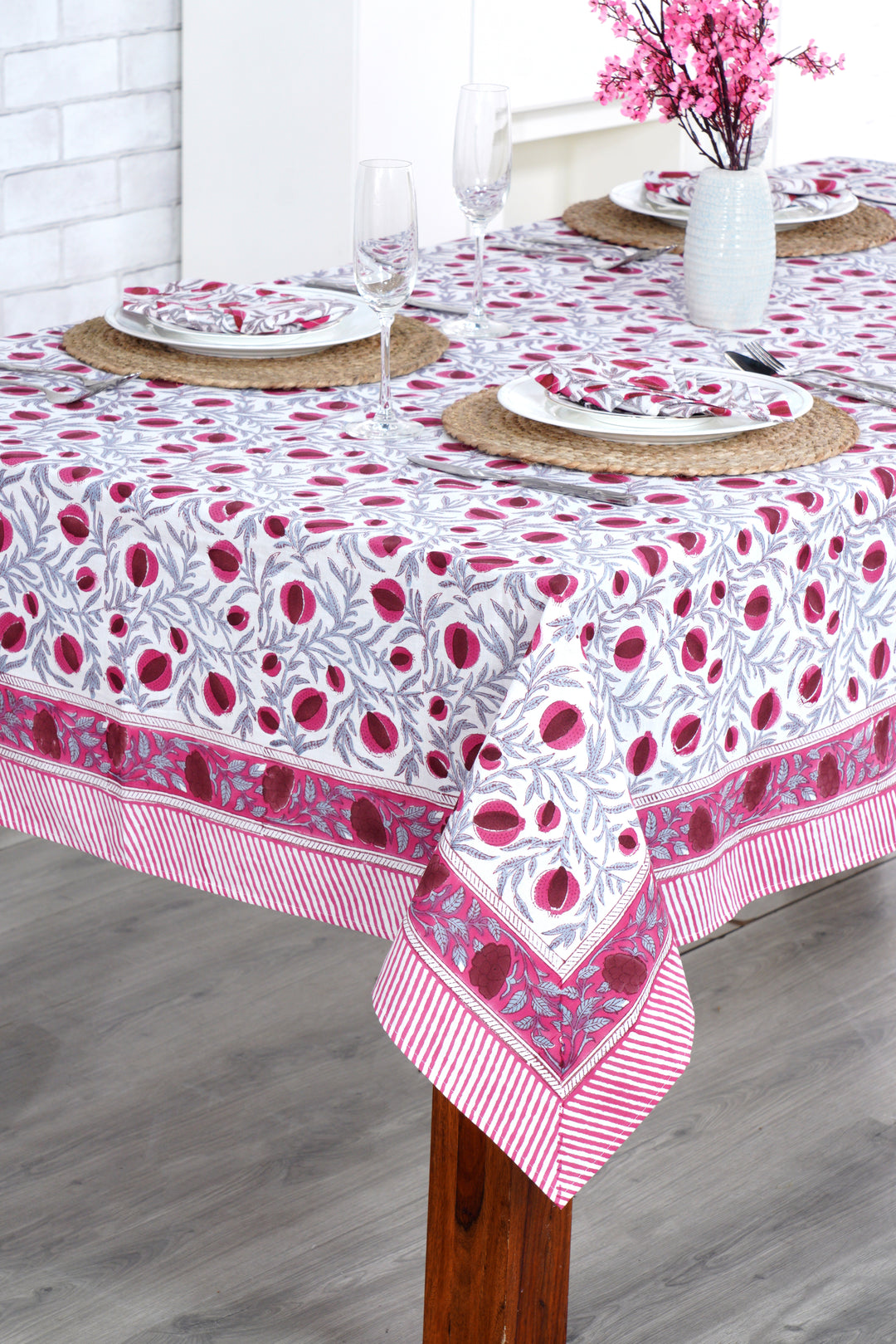 Fabricrush Sangria Red and Cerise Pink Floral Hand Block Print Tablecloth For Farmhouse, Gift for her, gifts, Valentine's day, Spring, Easter