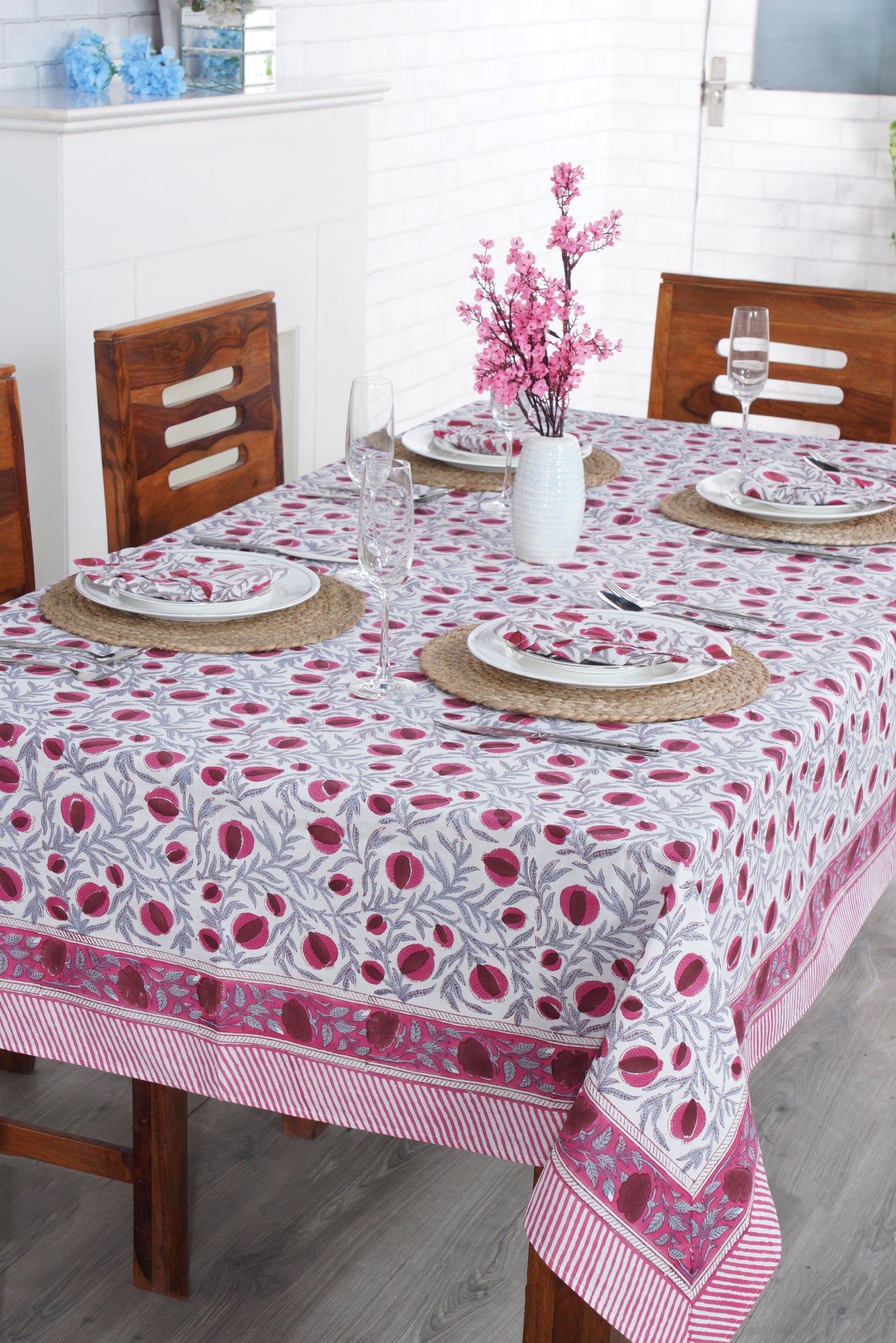 Fabricrush Sangria Red and Cerise Pink Floral Hand Block Print Tablecloth For Farmhouse Thanksgiving Easter Christmas