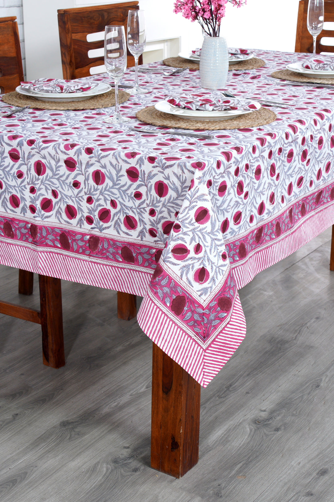 Fabricrush Sangria Red and Cerise Pink Floral Hand Block Print Tablecloth For Farmhouse, Gift for her, gifts, Valentine's day, Spring, Easter