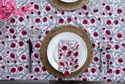 Fabricrush Sangria Red and Cerise Pink Floral Hand Block Print Tablecloth For Farmhouse Thanksgiving Easter Christmas