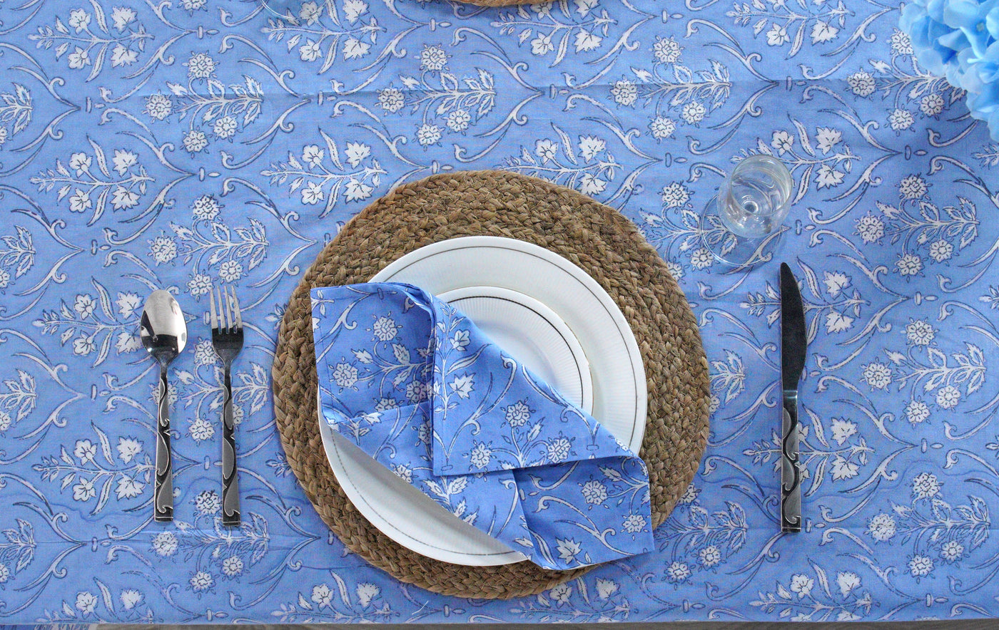 Fabricrush Cornflower Blue And White Block Print Tablecloth Table Cover India Cotton Table Linen