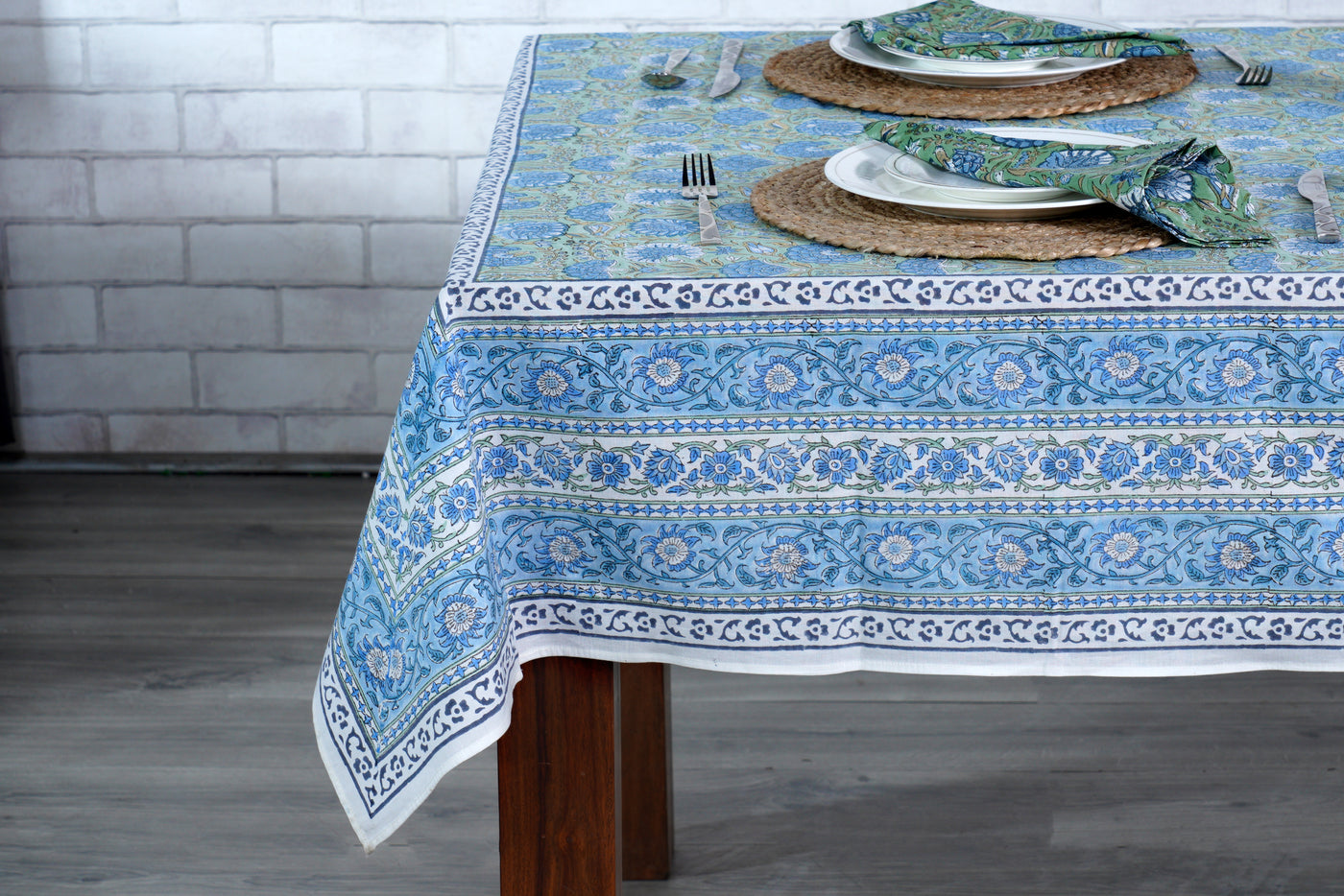 Fabricrush Asparagus Green Air Force Blue Dye Base Indian Traditional Hand Block Printed Cotton Tablecloth