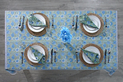 Fabricrush Asparagus Green Air Force Blue Dye Base Indian Traditional Hand Block Printed Cotton Tablecloth