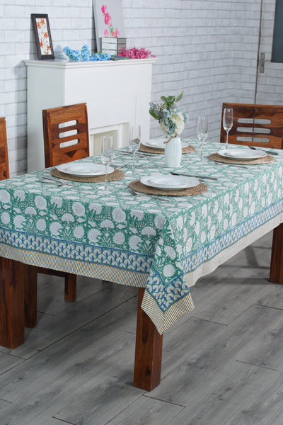 Fibricrush Turquoise Green, Old Moss Green and White Indian Floral Hand Block Printed Cotton Cloth Tablecloth, Table Cover, Farmhouse Wedding Events