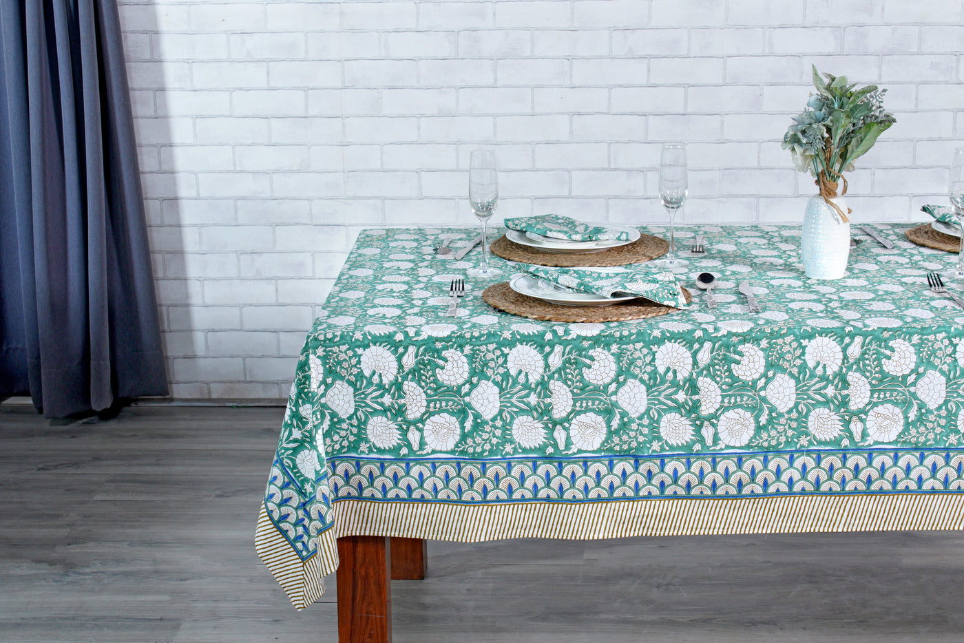 Fibricrush Turquoise Green, Old Moss Green and White Indian Floral Hand Block Printed Cotton Cloth Tablecloth, Table Cover, Farmhouse Wedding Events