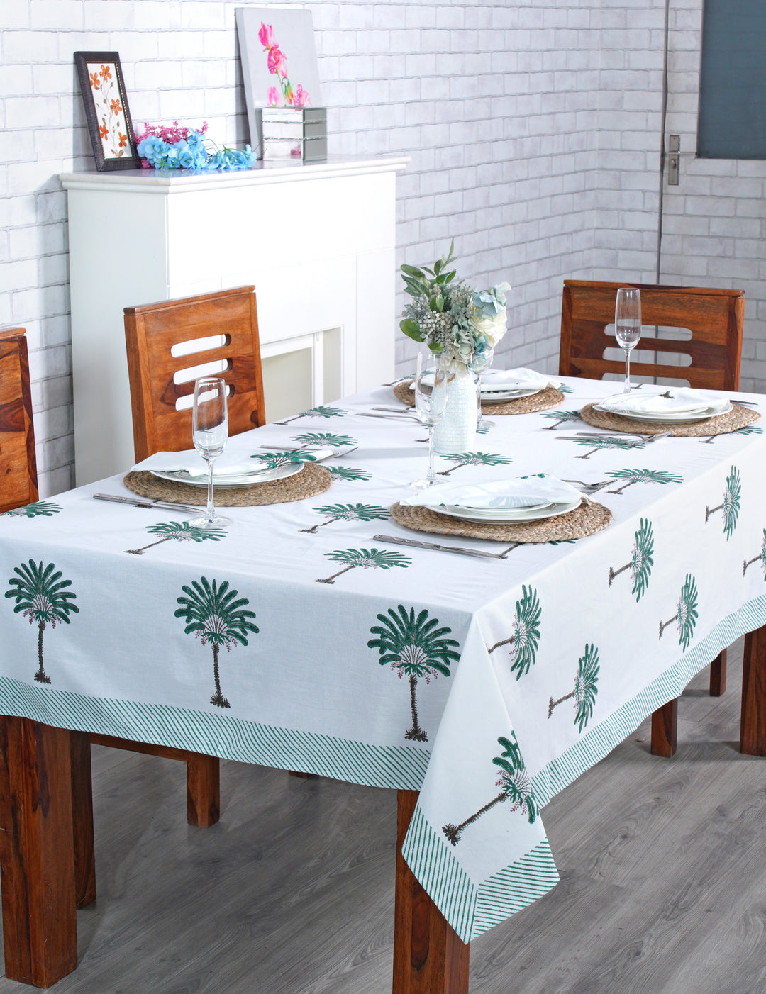 Fabricrush Pine Green and Peanut Brown Print Tablecloth, Palm Tree Print with Green Striped Border, Indian Hand Block Printed Tablecloth, Gift for her, gifts, Valentine's day, Spring, Easter