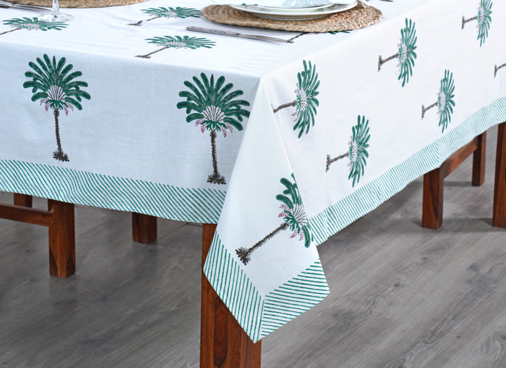 Fabricrush Pine Green and Peanut Brown Print Tablecloth, Palm Tree Print with Green Striped Border, Indian Hand Block Printed Tablecloth, Gift for her, gifts, Valentine's day, Spring, Easter