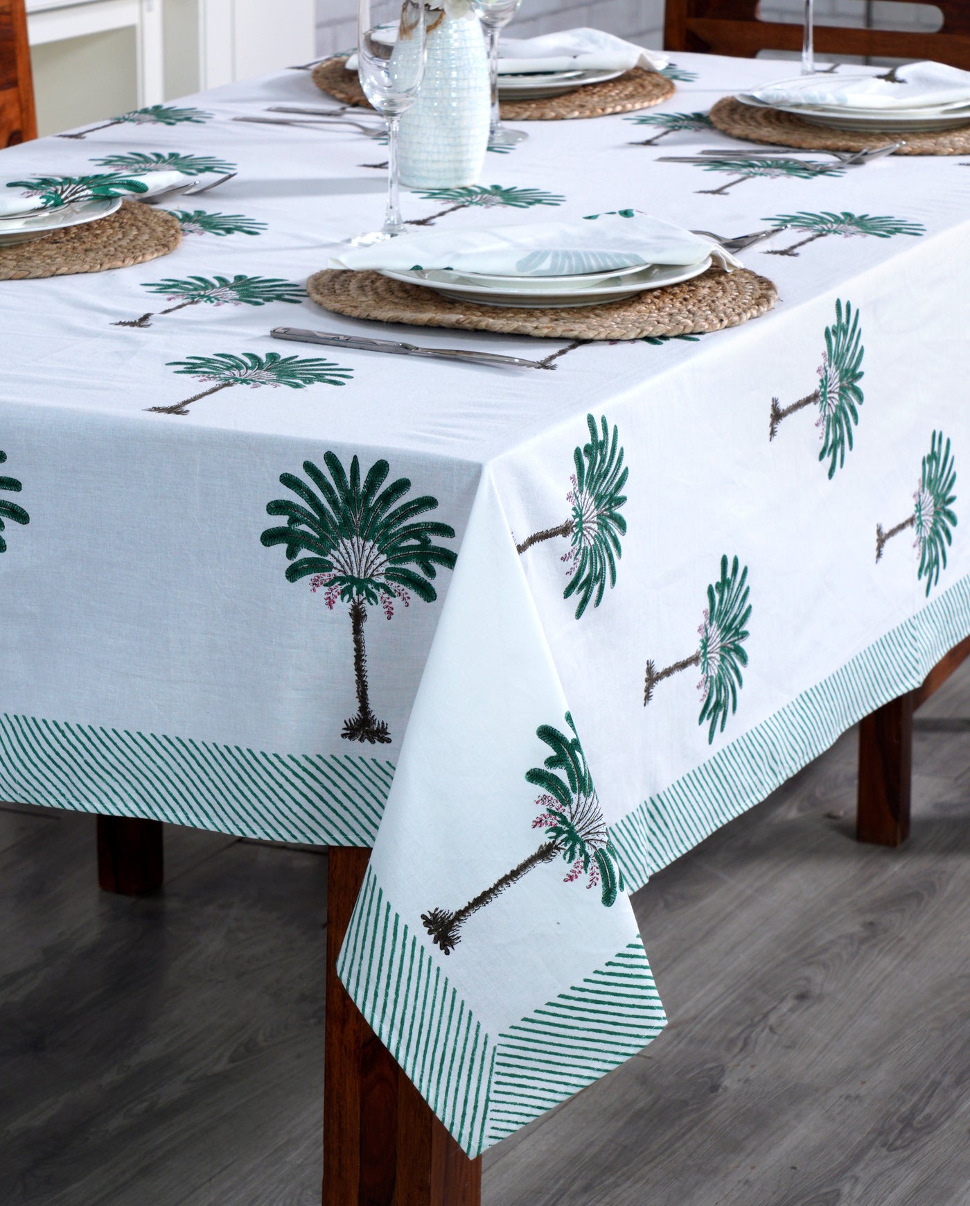 Fabricrush Pine Green and Peanut Brown Print Tablecloth, Palm Tree Print with Green Striped Border, Indian Hand Block Printed Tablecloth