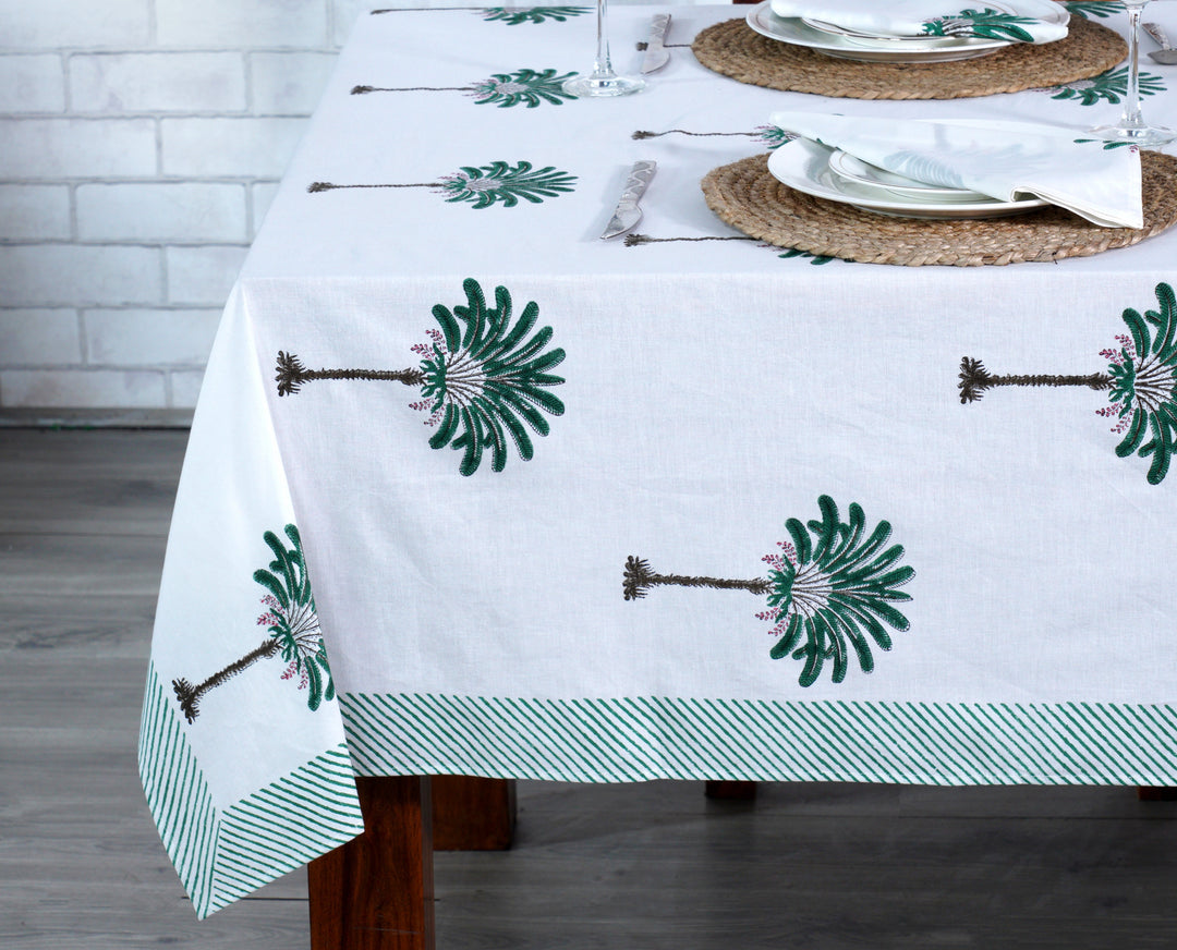 Fabricrush Pine Green and Peanut Brown Print Tablecloth, Palm Tree Print with Green Striped Border, Indian Hand Block Printed Tablecloth, Gift for her, gifts, Valentine's day, Spring, Easter