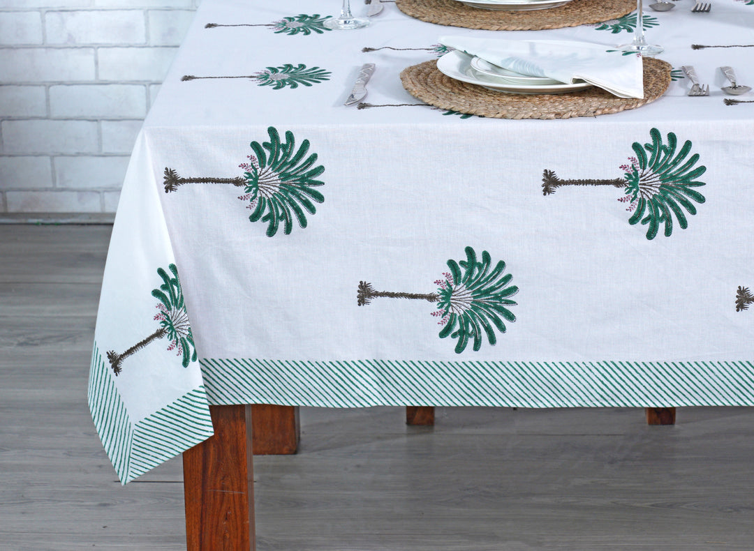 Fabricrush Pine Green and Peanut Brown Print Tablecloth, Palm Tree Print with Green Striped Border, Indian Hand Block Printed Tablecloth, Gift for her, gifts, Valentine's day, Spring, Easter