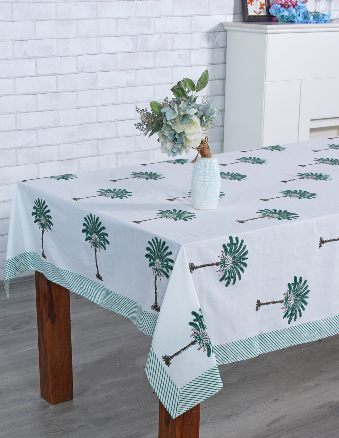 Fabricrush Pine Green and Peanut Brown Print Tablecloth, Palm Tree Print with Green Striped Border, Indian Hand Block Printed Tablecloth, Gift for her, gifts, Valentine's day, Spring, Easter