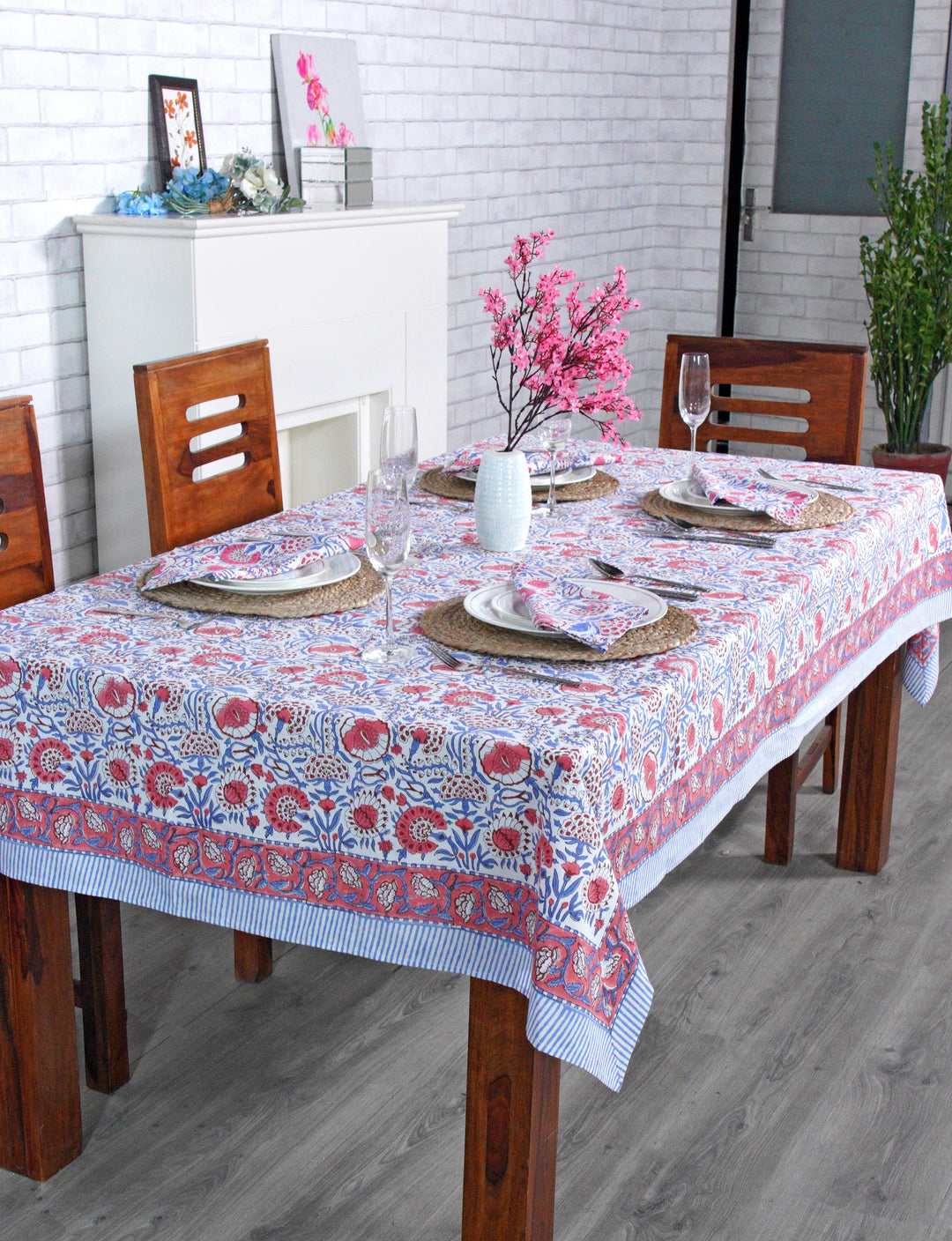 Fabricrush Pigeon Blue and flamingo pink on white Flower Design Hand Block Print Tablecloth Table Cover And Linen Set Gift For Mom and Gift For Her, gifts, Christmas