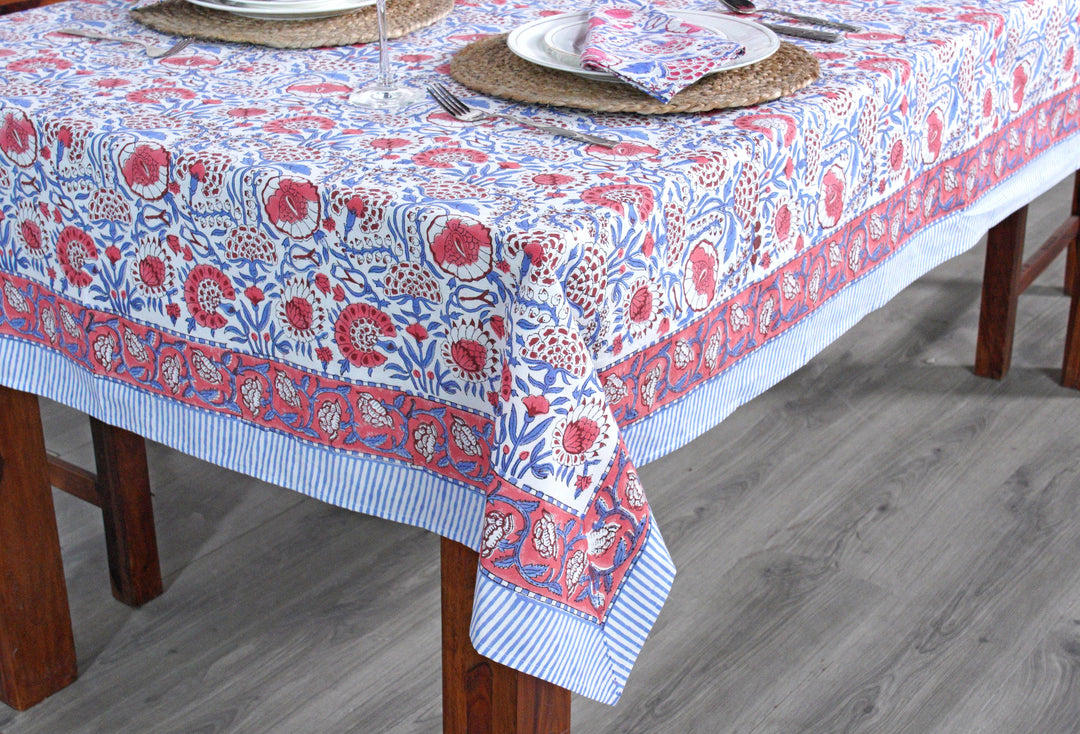 Fabricrush Pigeon Blue and flamingo pink on white Flower Design Hand Block Print Tablecloth Table Cover And Linen Set Gift For Mom and Gift For Her, gifts, Christmas