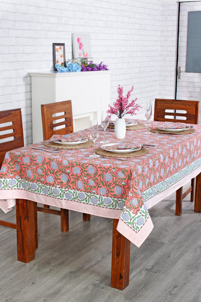 Fabricrush Dark Salmon Block Print 100% Pure Cotton Tablecloth And Table Cover For Farmhouse Wedding Holiday Gifts
