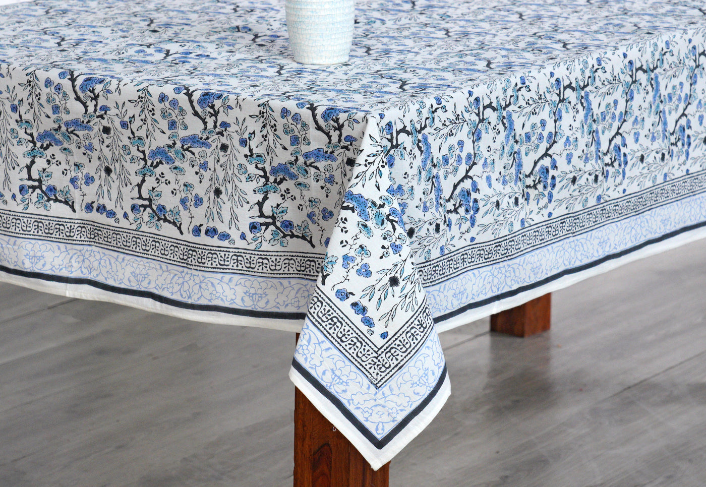 Fabricrush Spruce, Carolina and Powder Blue Indian Block Floral Print 100% Pure Cotton Cloth Tablecloth