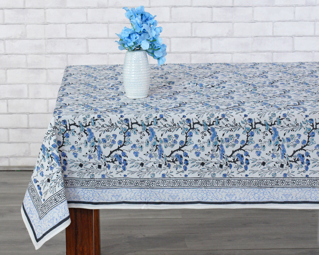 Spruce, Carolina and Powder Blue Indian Floral Hand-Block Printed Cotton Tablecloth