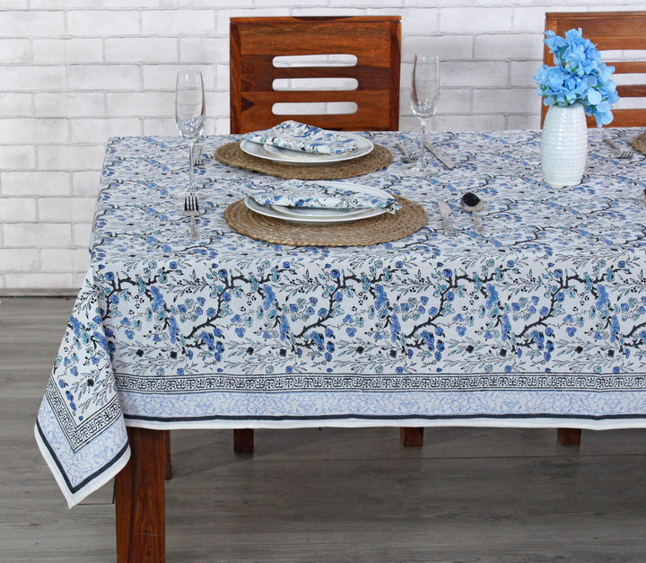 Spruce, Carolina and Powder Blue Indian Floral Hand-Block Printed Cotton Tablecloth