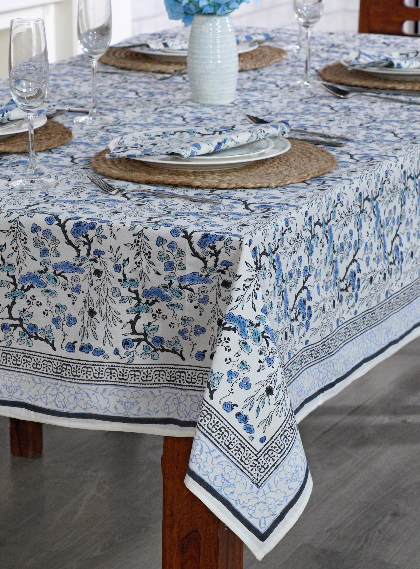 Fabricrush Spruce, Carolina and Powder Blue Indian Block Floral Print 100% Pure Cotton Cloth Tablecloth