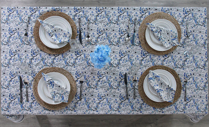 Spruce, Carolina and Powder Blue Indian Floral Hand-Block Printed Cotton Tablecloth