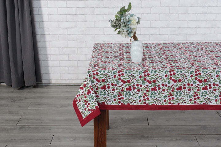 Garnet Red Cherry Print Indian Hand-Block Printed Cotton Tablecloth