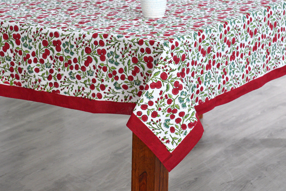 Garnet Red Cherry Print Indian Hand-Block Printed Cotton Tablecloth